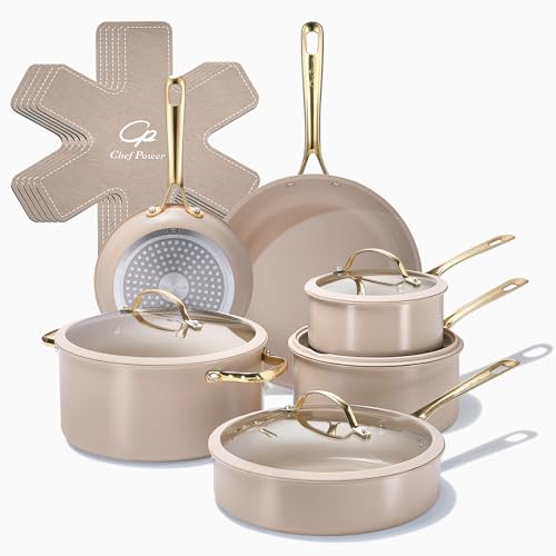 Ceramic Cookware Sets (Taupe / 15Pcs Set)
