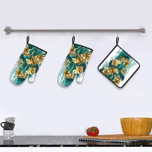 Teal Gold Green Leaves Oven Mitts and Pot Holders Set of 3 (Green Leaves)