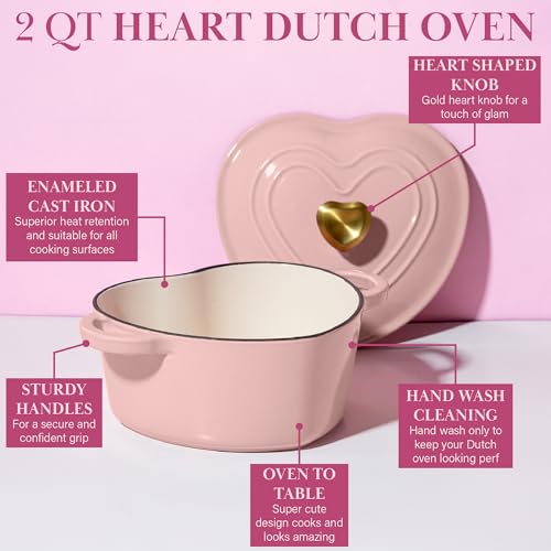 Enameled Cast Iron Dutch Oven Pot with Lid (Pink / 2-Quart)