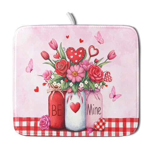 Rose Vase Dish Drying Mat 16x18 inch Romantic Floral Washable Absorbent Dish Dry Pad Fast Dry Drainer Rack Mats Kitchen Counter Accessories (Rose Floral Vase / 16" x 18")