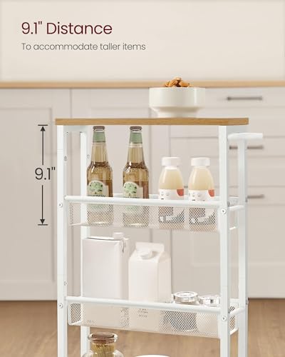 4 Tier Slim Rolling Storage cart with Wheels (Oak Beige + Classic White / 4 Tiers (5.1"D x 30.3"H))