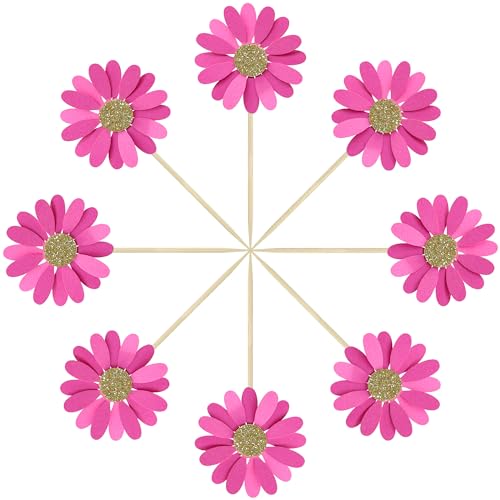 24Pcs Daisy Cupcake Toppers Flower Cake Topper Decorations Daisy Cake Decorations Chrysanthemum Cupcake Toppers Spring Daisy Flower Cake Picks for Birthday Wedding Supplies Rose Red (24 Count)