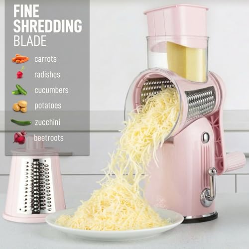 Rotary Cheese Grater Manual Hand Crank 5 Blade Shredder (5 Blades / Classic | Pink)