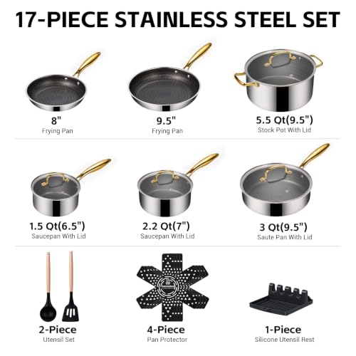 17 Pcs Stainless Steel Cookware Set (Stainless Steel & Gold Handle)