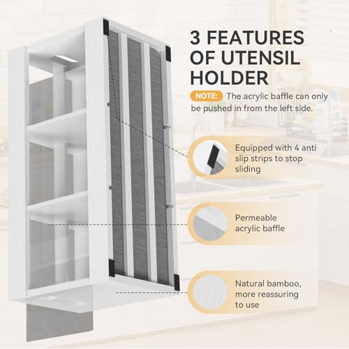 Bamboo Kitchen Utensil Holder with Drying Stone and 6 Compartments (White / Medium)