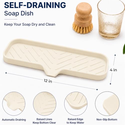 Silicone Soap Dish with Drain Spout (Tapioca / L(12"×4"))