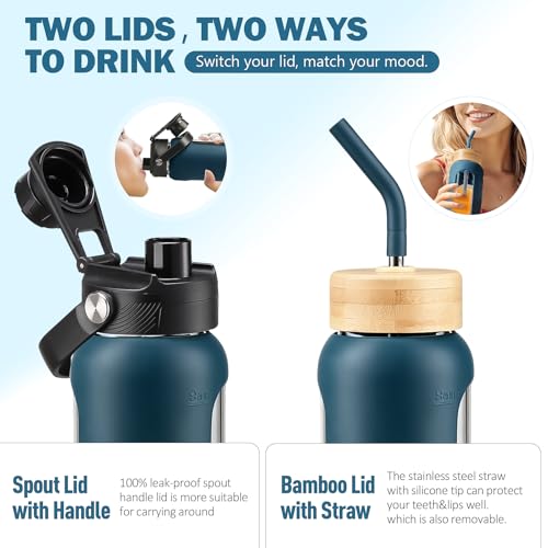 32 oz Glass Water Bottle with Straw and 2 Lids (Dark Blue / 32 Ounces)