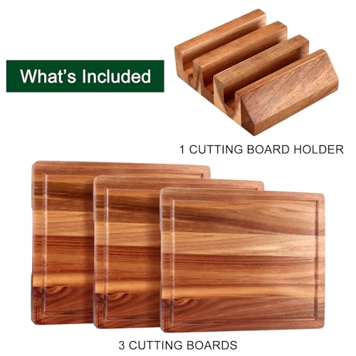 Extra Large Acacia Wood Cutting Board Set of 3 Wooden Chopping Board With Holder Fruit Cutting Boards Charcuterie Boards for Kitchen Bread Cheese Serving Board Meat Cutting Board Carving Board (Acacia Wood / 3-Piece Set: 17" x 12", 15" x 11", 13" x 10")