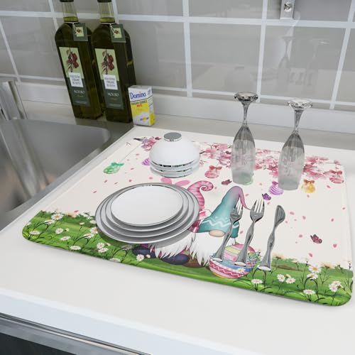 Easter Gnome Dish Drying Mat Floral Eggs Bunny Kitchen Drainer Mat 18x24 inch Absorbent Holiday Fast Dry Pad Protector for Counter Tabletop (Easter Gnome Egg / 24" x 18")