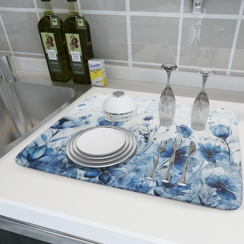 Blue Floral Dish Drying Mat for Kitchen Counter Watercolor Leaves Dishes Drainer Rack Mat Absorbent Microfiber Dish Draining Pad 18x24 Inch (Watercolor Blue Floral / 24" x 18")