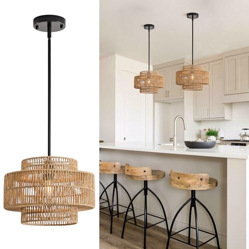 12.4" Rattan Pendant Light for Kitchen Island (Brown+Black Hardware / 12.4" 1-Light)