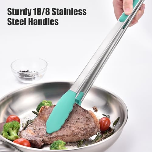 Kitchen Tongs with Silicone Tips for Cooking Serving (16in / Aqua Sky)