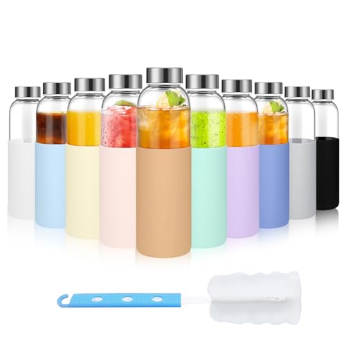 18 oz Glass Water Bottles with Lids and Silicone Sleeve 10 Pack (silicone sleeve-10pack / 18 Ounces)
