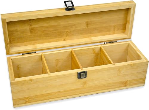 Bamboo Tea Organizer Box Chemical Free Eco (4-Slot Across / Tea Leaf Stamp)