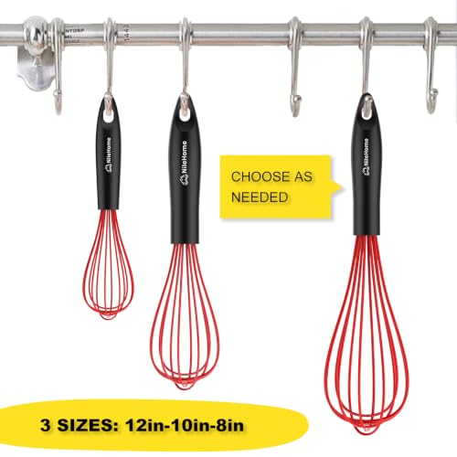Silicone Whisk Set 8" 10" 12" Kitchen Whisk Red (Black-Red / 3 Piece)