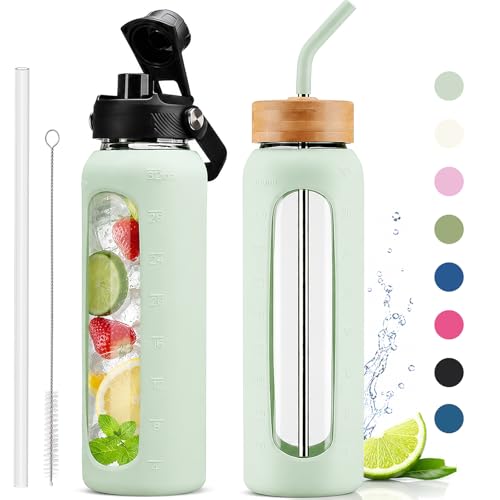 32 oz Glass Water Bottle with Straw and 2 Lids (Light Green / 32 Ounces)