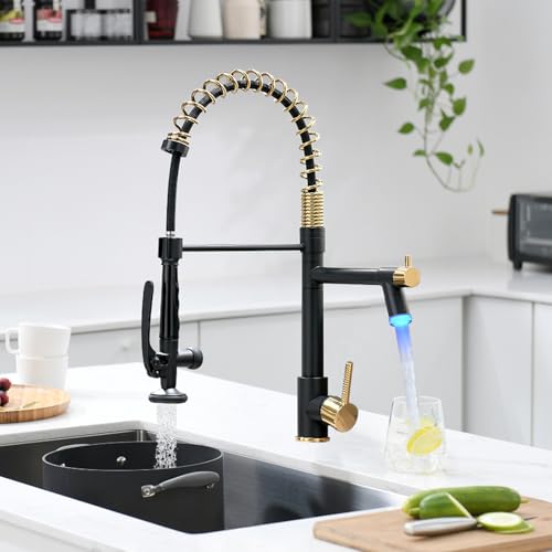 LED Kitchen Faucet with Pull Down Sprayer (Black&Gold)