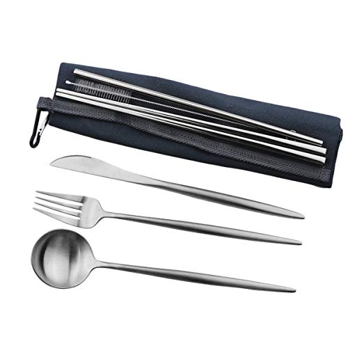 Reusable Travel Utensils (Blue Pouch / Silver)