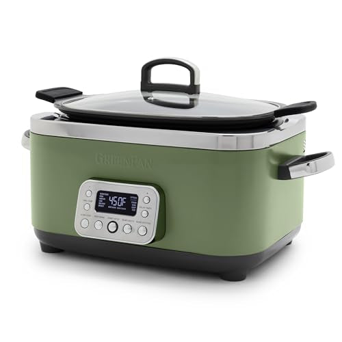 Elite 14-in-1 Nonstick 6QT Electric Slow Cooker, PFAS-Free Ceramic Multi-Cooker, In-Pot Browning, Dishwasher Safe Lid & Removable Crock, Stainless Steel Steamer, Silicone Handles, Sage Green (6 Quarts / Sage Green)
