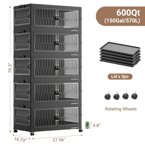 150Gal Stackable Storage Bins with Lids Foldable Boxes (Black / 30Gal-5Pack)