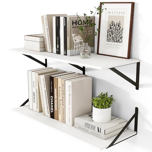 32W x 12D Deep Floating Shelves Set of 2 White (White With Black Metal Bracket / 32Wx12Dx5.8H)