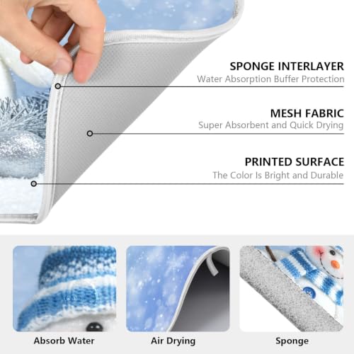 Christmas Snowman Winter Dish Drying Mat for Kitchen Counter Absorbent Microfiber Small Drying Pad Dish Mats Snowflake for Kitchen Countertops 16 x 18 Inch (Christmas Snowman Blue / 18" x 16")