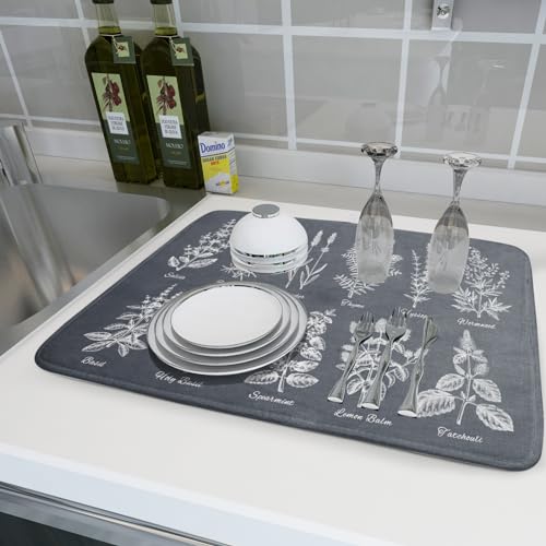 Flower Herbs Dish Drying Mat Wild Plant Dish Rack Mat with Hanging Loop Fast Dry Dish Drainer Pad for Kitchen Counter Sink 18x24 Inch (gray plant collection / 18" x 24")
