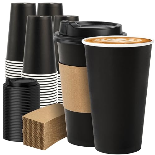 100 Pack 16 oz Disposable Coffee Cups with Lids and Sleeves (Black / 16 oz)