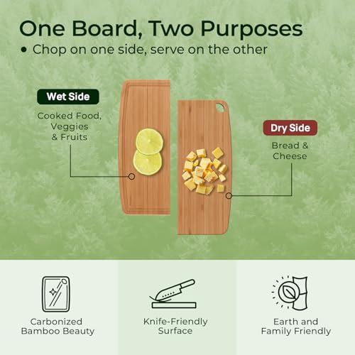 Dishwasher Safe Carbonized Bamboo Wood Cutting Boards for Kitchen with Juice Groove (10.4"L x 8"W)
