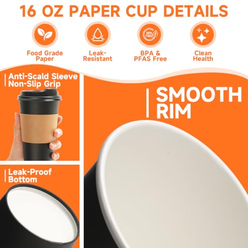 100 Pack 16 oz Disposable Coffee Cups with Lids and Sleeves (Black/Blue / 16oz)