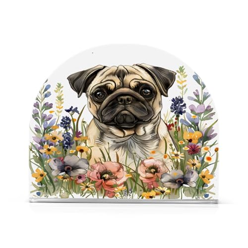 Pug Dog Wild Flowers Napkin Holder for Table Paper Napkins Holder Acrylic Tissue Dispenser Kitchen Dining Room Bathroom Party Car Decor (NH078 / 4.1x4.9x1.97in)