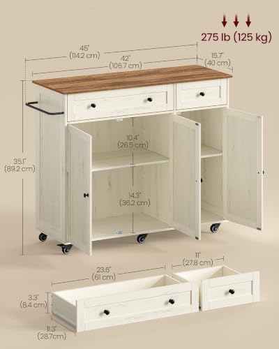 Mobile Kitchen Wooden Island Cart with Storage for Dining Room (Rustic White + Honey Brown / 15.8"D x 42.1"W x 35.1"H)