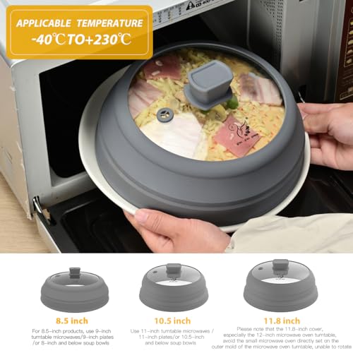 Microwave Splatter Cover Glass Splatter Guard Lid with Collapsible Silicone for Small Bowls Food Plate Cover 8.5 inch Grey (Light Grey / 8.5 inch)