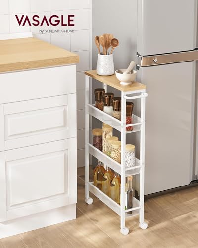4 Tier Slim Rolling Storage cart with Wheels (Oak Beige + Classic White / 4 Tiers (5.1"D x 30.3"H))
