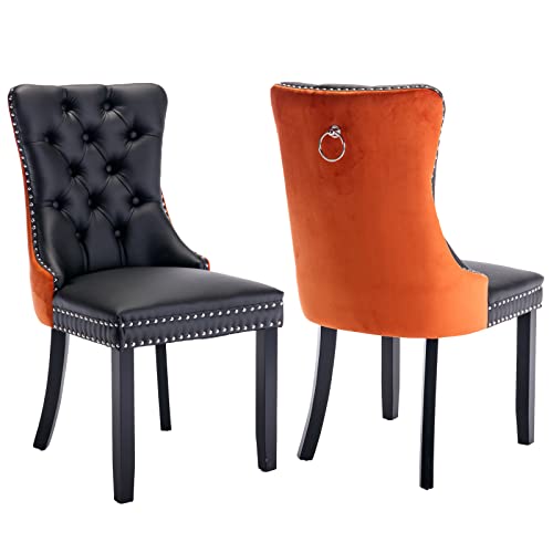 Orange Velvet and Black PU Upholstered Dining Chairs Set of 2 (Black 4)