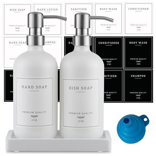 Thick Glass Soap Dispenser (White Bottle/Brushed Silver Pump + Tray + Funnel)