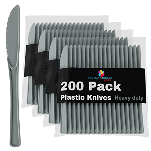 Silver Plastic Knives 200 Pcs Silver Knives Disposable Utensils Heavy Duty Plastic Cutlery Set Disposable Cutlery Sets Flatware Sets Silverware Set Party Supplies & Party Tableware (Silver / Knives)