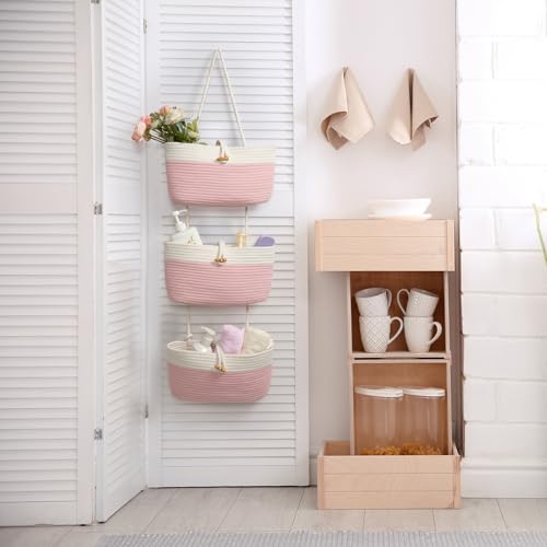 Over The Door Hanging Baskets with Button Strap (Pink+White / 3 tier+Button)