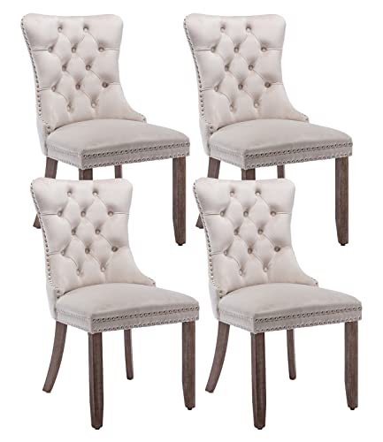 Beige Velvet Dining Chairs Set of 4 (Beige)