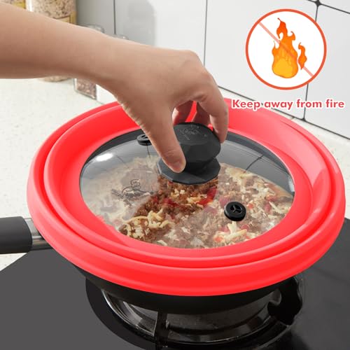 Microwave Splatter Cover Vented Glass Splatter Guard Lid with Collapsible Silicone for Food as Pot Cover Plate 10.8 inch for 6 7 8 9 10 inch Plate Bowl Red (10.8 inch / Red Lid)