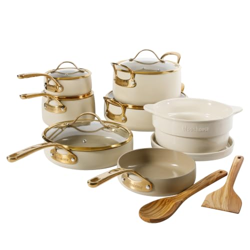 15 Piece Ceramic Nonstick Cookware Set (Almond Cream w/ Gold Handle / 15-Piece Cookware Set)
