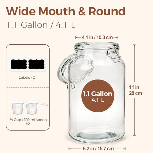Large Glass Jars with Airtight Lids 1.1 Gallon 2 Pack Wide Mouth (138oz*2)