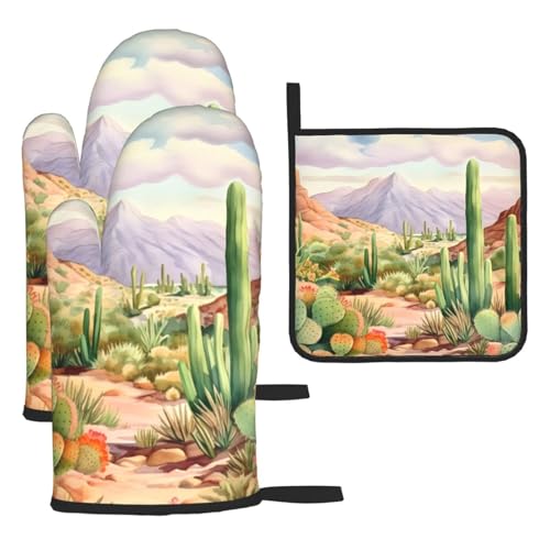 Desert Cactus Oven Mitts and Pot Holders Sets of 3 Heat Resistant Oven Gloves Hot Pads Non (Desert Cactus)