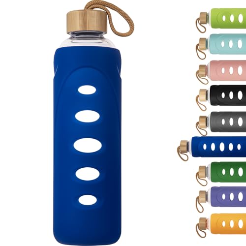 32 oz Narrow Mouth Glass Water Bottle with Windowed Silicone Sleeve (Blue)