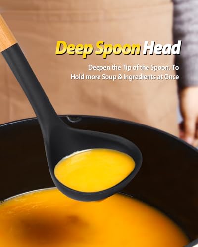Silicone Soup Ladle and Pasta Spoon Set with Wooden Handle (2 Count)