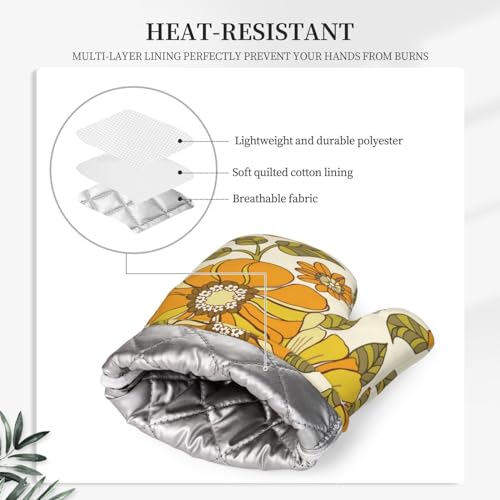 Retro 70s Style Flower Oven Mitts and Pot Holders Sets Silicone Kitchen Mitts Potholders Heat Resistant 4Pcs Oven Gloves Hot Pads for Kitchen Baking Cooking BBQ Grilling (Plant Flower)