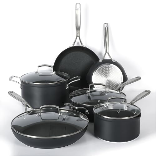 10 Piece Hard Anodized Laser Titanium Forever Non Stick Technology Durable Pots and Pans Cookware Set (Black (10pc Cookware Set) / 10-Piece Cookware Set)