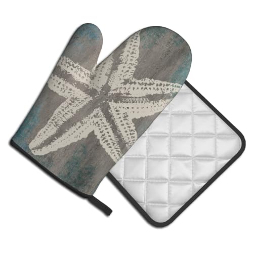 Vintage Starfish Oven Mitts and Pot Holder Set of 2 Coastal Beachy Nautical Heat Resistant Oven Glove Potholders for Kitchen Cooking Baking (Vintage Starfish)
