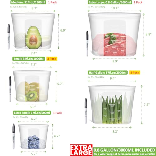 100% Silicone Reusable Storage Bag (Translucent|XL+L+M+S+XS|9 Pack)