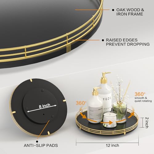 12 Inch Oak Lazy Susan Spice Organizer with Gold Metal Rail (Gold Black / 12)